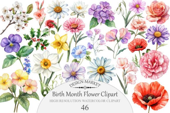 Download Watercolor Birth Month Flower Clipart - Birth month flower Collection